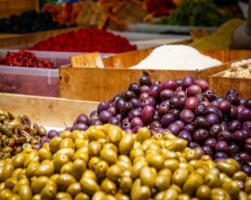 Fresh and diverse Mediterranean food platter containing local ingredients
