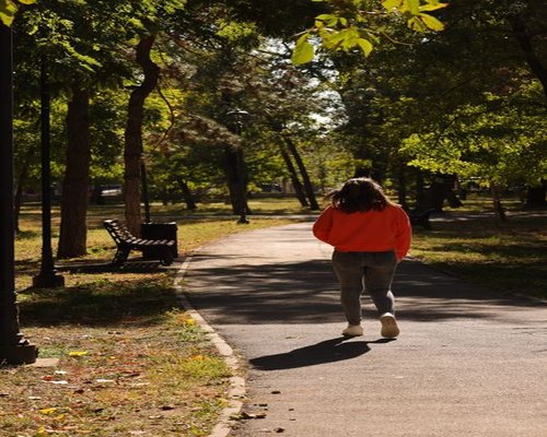 A person enjoying a relaxed walking session in a sunny park in Bucharest